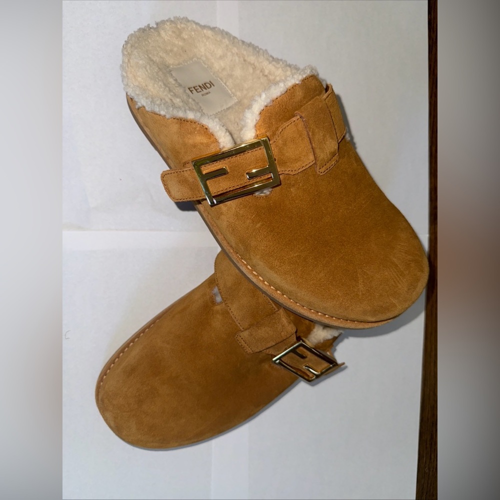 Fendi Brown Suede Shearling Lined Mules - Picture 10 of 15